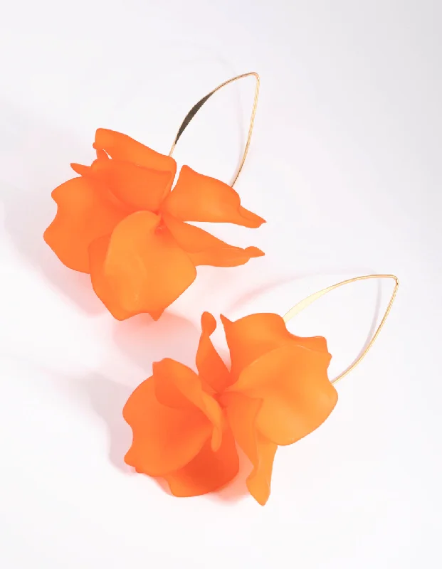 Dangling Gold Earrings-Orange Frosted Flower Drop Earrings