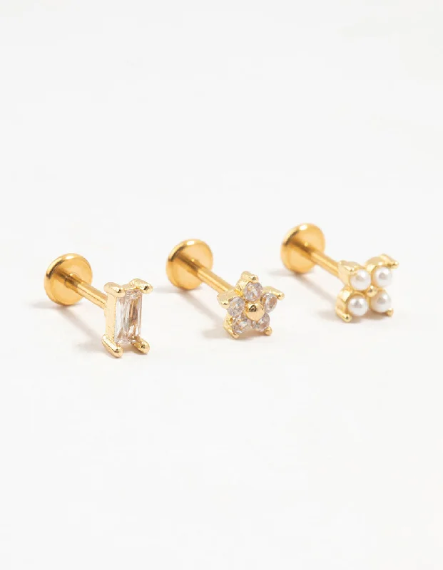 Natural Stone Earrings-Gold Plated Surgical Steel Flower & Baguette Flat Backs 3-Pack