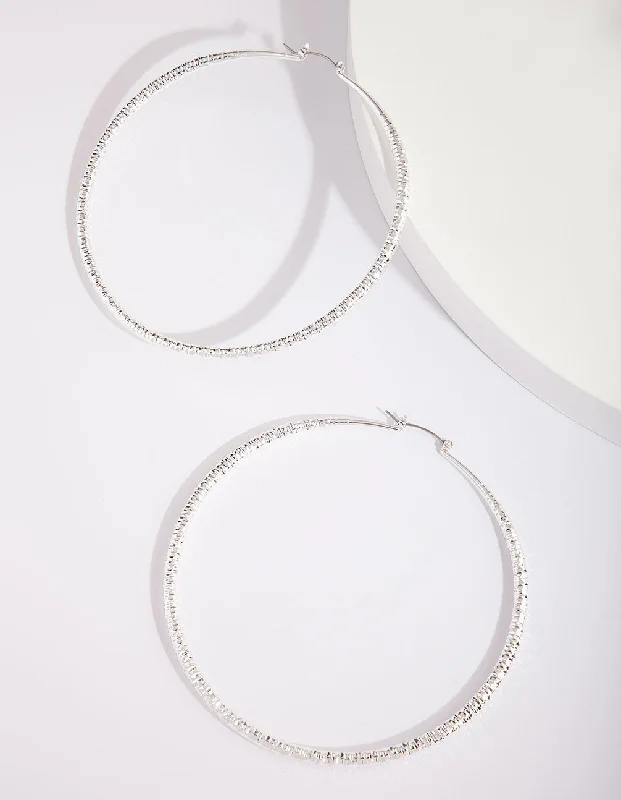 Embellished Drop Earrings-Silver Textured Large Hoop Earrings