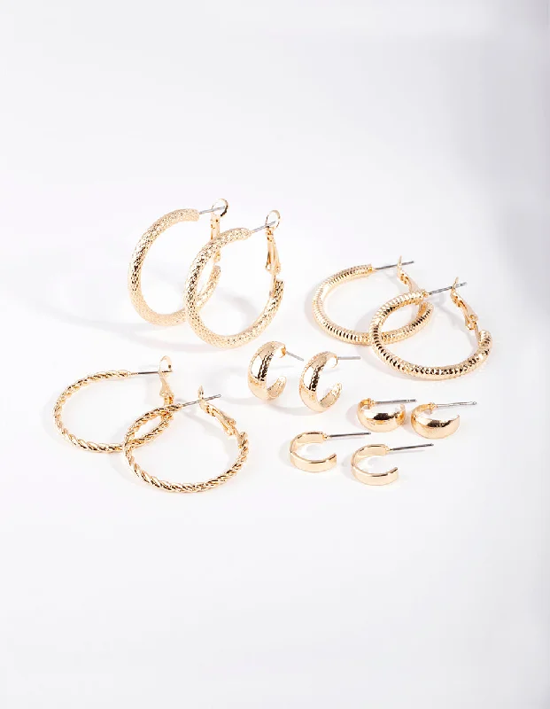 Oval Drop Earrings-Gold Multi Textured Hoop Earring 6-Pack