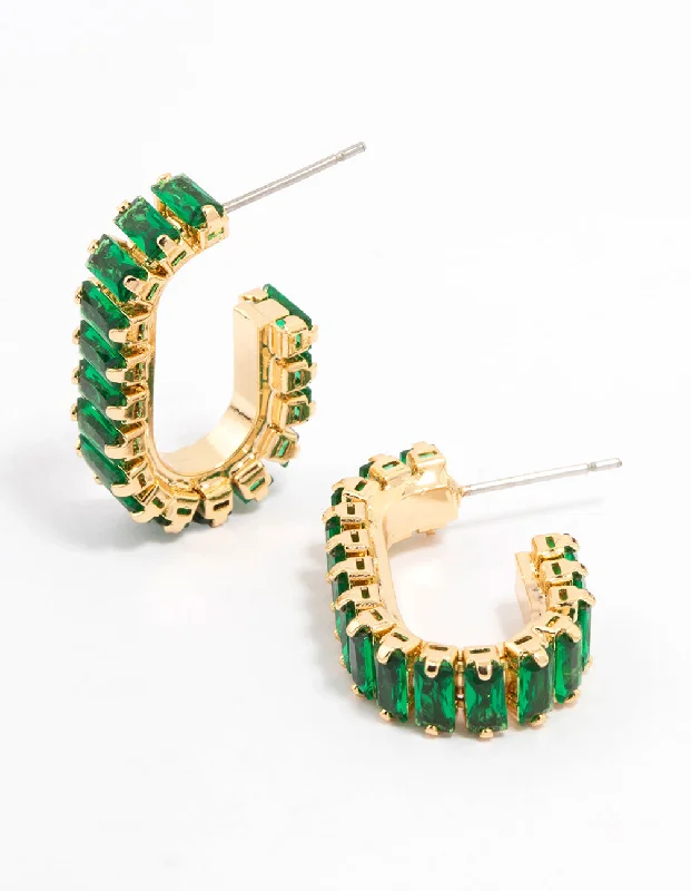 Modern Chandelier Earrings-Gold Plated Horizontal Baguette Emerald Oval Hoop Earrings