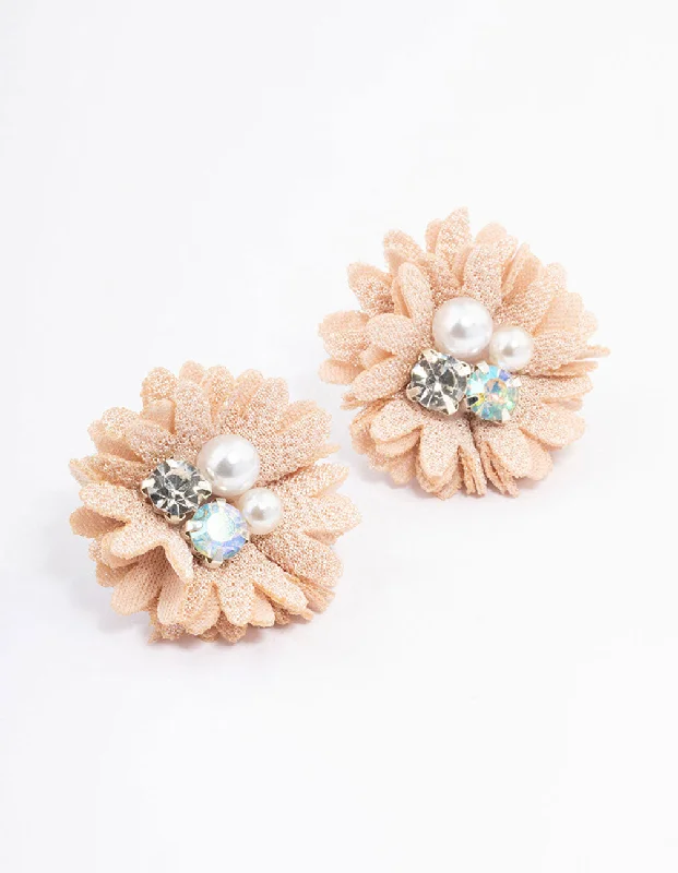 Dainty Pearl Earrings-Blush Pearl & Diamante Flower Stud Earrings