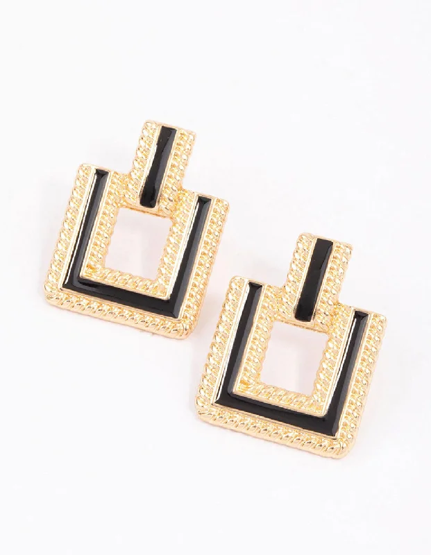 Party Earrings-Gold Enamel Geometric Square Stud Earrings