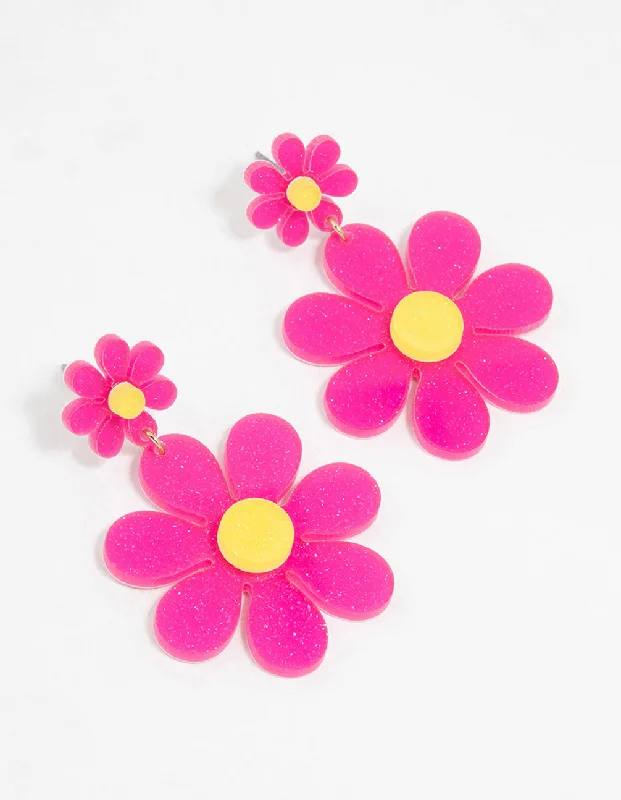 Textured Gold Earrings-Pink Acrylic Flower Drop Earrings