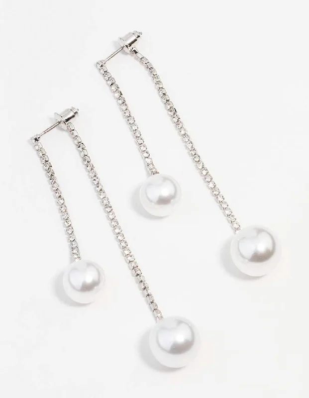 Colored Hoop Earrings-Silver Double Diamante Pearl Drop Earrings