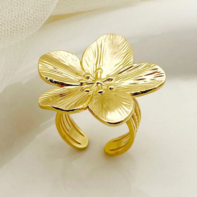 Vintage Style Flower Stainless Steel Plating Gold Plated Open Ring