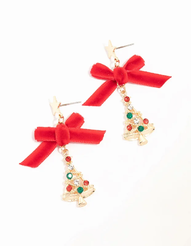 Handmade Beaded Earrings-Red Bow & Diamante Tree Drop Earrings