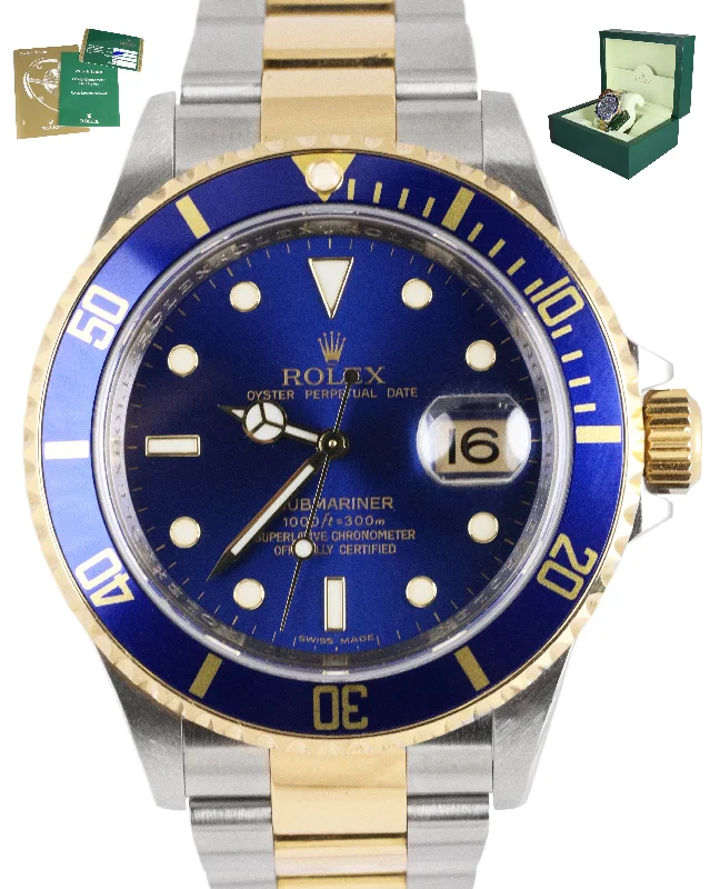 Designer Men's Watch with Custom Band-2009 ENGRAVED REHAUT Rolex Submariner Date BLUESY 16613 FULL SET Two-Tone Blue