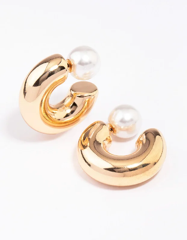 Unique Hoop Earrings-Gold Smooth Pearl C-Shaped Hoop Earrings