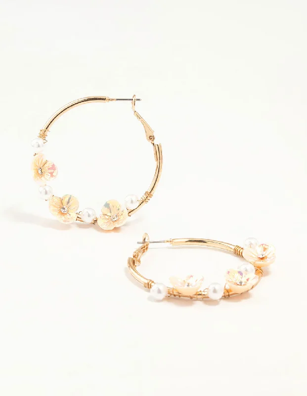 Statement Earrings for Weddings-Gold Pearl & Flower Hoop Earrings