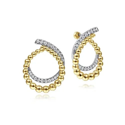 Cute Pearl Earrings-14K Yellow Gold Bujukan Open Double Row Ball and Diamond Bypass Hoop Earrings