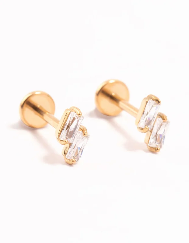 Stud Earrings with Gemstones-Gold Plated Surgical Steel Double Cubic Zirconia Flat Backs