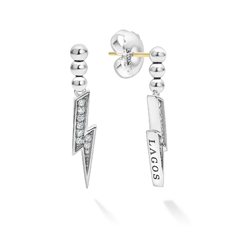 Geometric Silver Earrings-Caviar Spark Lightning Bolt Diamond Drop Earrings