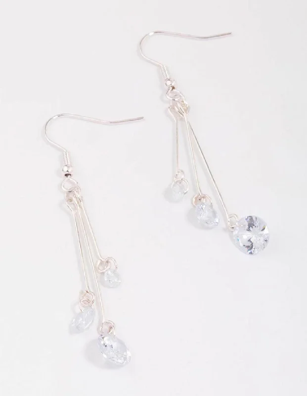 Classic Pearl Earrings-Silver Triple Chain Diamante Drop Earrings