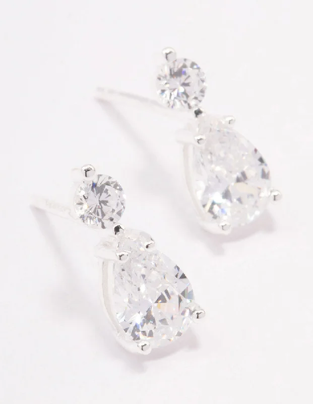 Funky Statement Earrings-Sterling Silver Round Cubic Zirconia Pear Drop Earrings