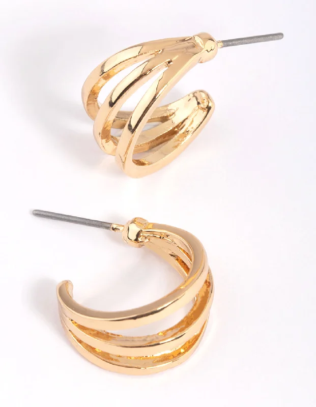 Geometric Silver Earrings-Gold Triple Row Huggie Hoop Earrings