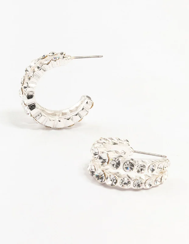 Chic Cuff Earrings-Silver Bohemia Czech  Crystals Double Strand Hoop Earrings