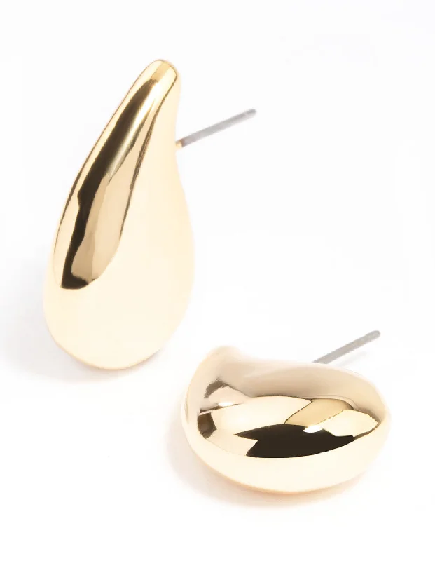 Silver Stud Earrings-Gold Plated Smooth Teardrop Stud Earrings