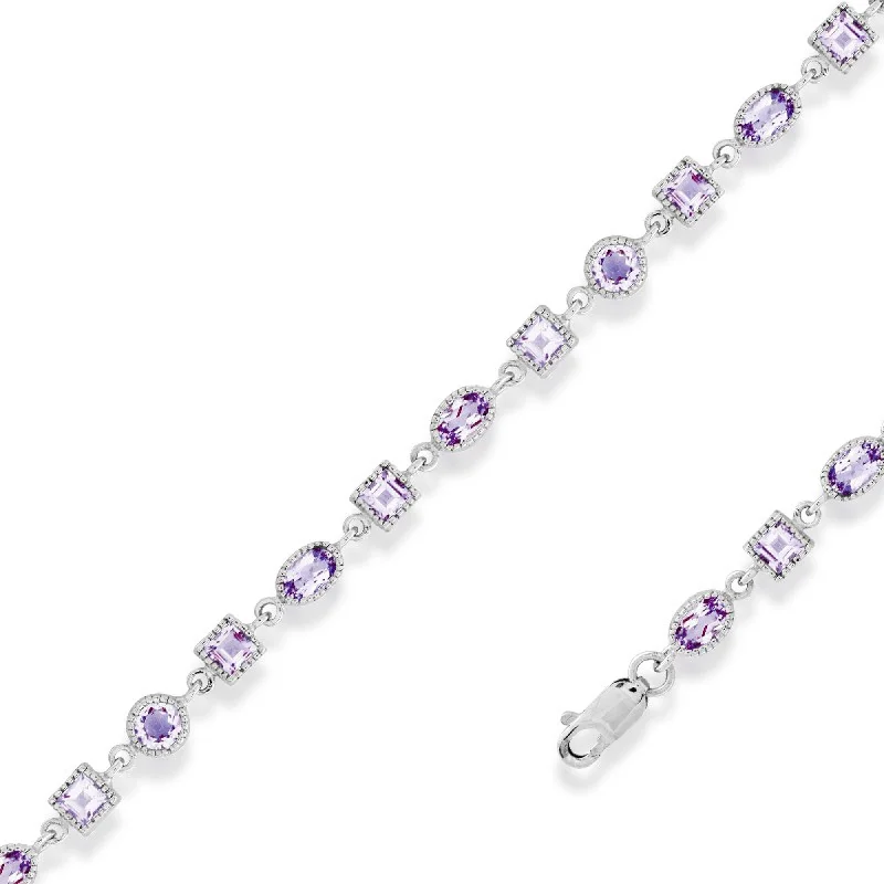 Casual Beaded Bracelet-Classic Women's Bracelet - Sterling Silver Oval and Square Amethyst Gem | T-5268