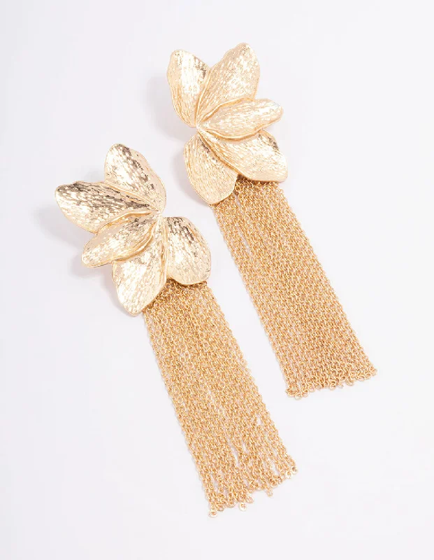 Chunky Gold Earrings-Gold Textured Flower Cup Chain Drop Earrings