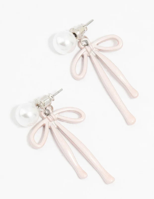 Diamond Stud Earrings-Pink Coated Metal Bow & Pearl Drop Earrings