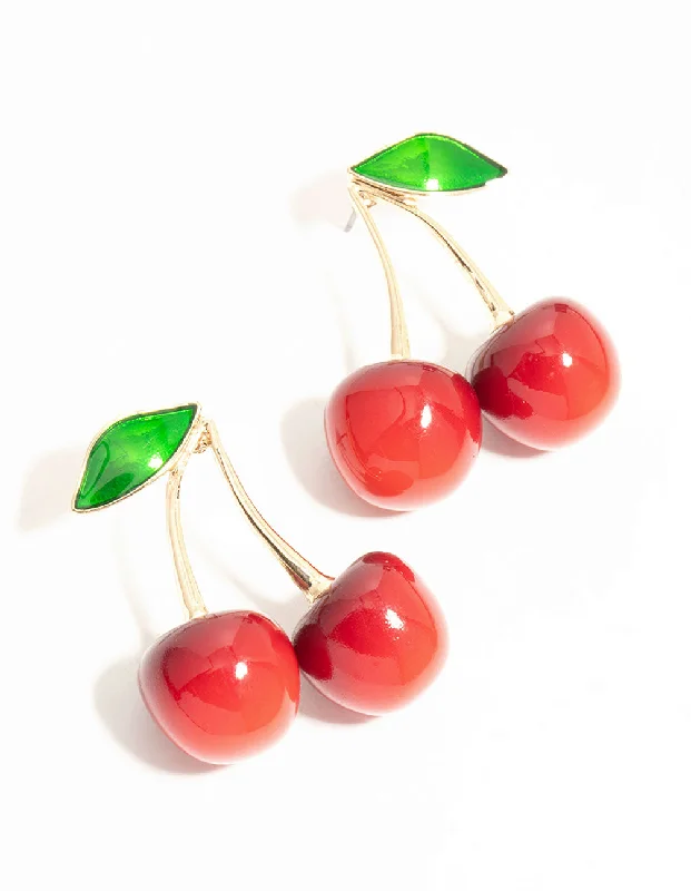 Elegant Drop Earrings-Red Double Cherry Drop Gold Earrings