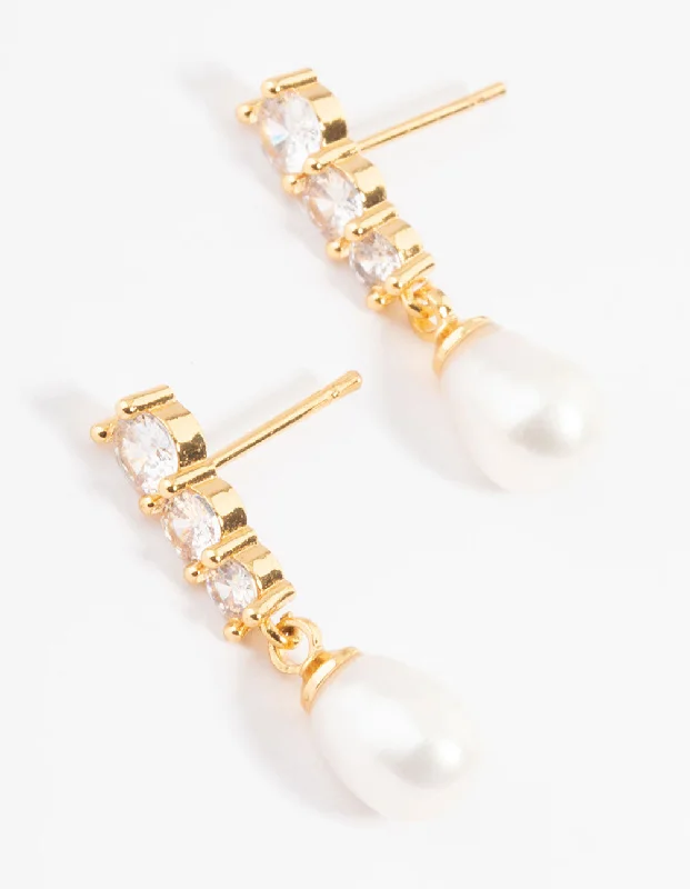 Triangular Earrings-Gold Plated Cubic Zirconia Trio Freshwater Pearl Drop Earrings