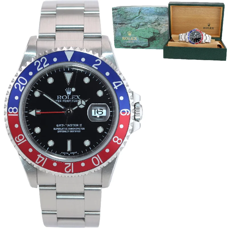 Elegant Gold Watch for Women-UNPOLISHED Rolex GMT-Master II Pepsi Steel Blue Red 16710 Watch Box