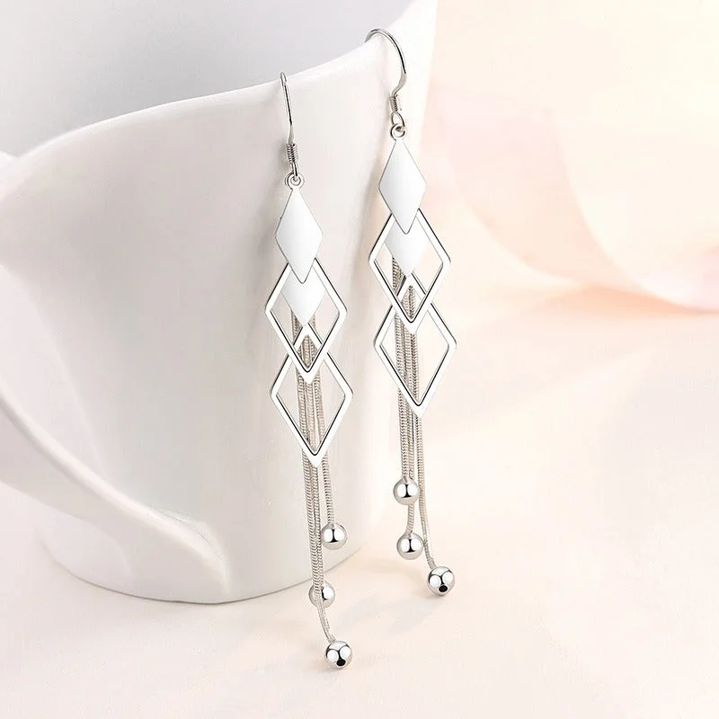 1 Pair Elegant Geometric Rhombus Irregular Tassel Sterling Silver