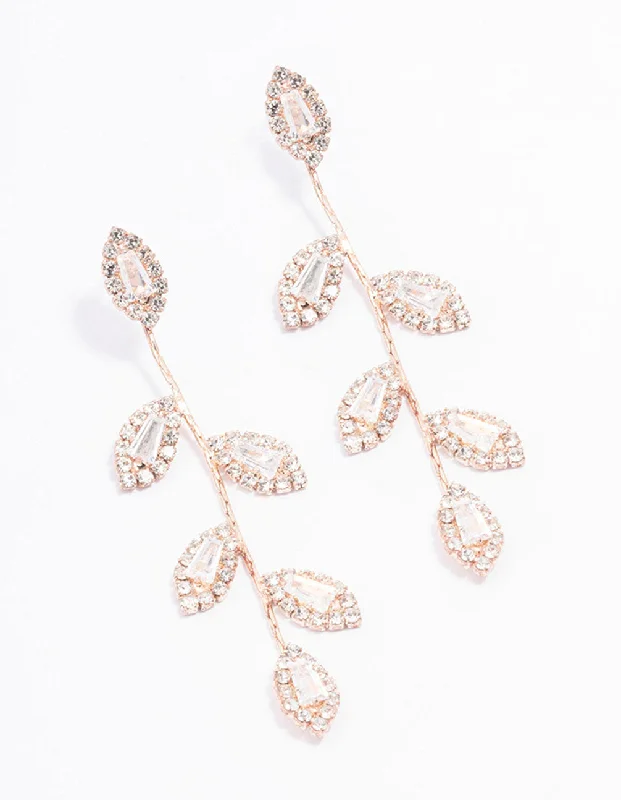 Long Tassel Drop Earrings-Rose Gold Diamante Leaf Drop Earrings