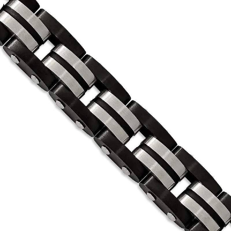 Double Cuff Bracelet-Stainless Steel Brushed Black IP-plated w/Black Rubber 8.25 in Bracelet