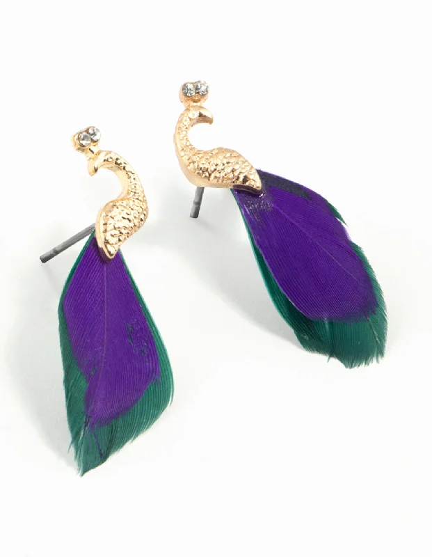 Cute Animal Earrings-Blue Green Feather Mini Peacock Earrings