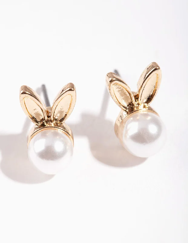 Casual Earrings-Gold & Pearl Bunny Stud Earrings