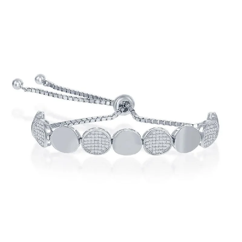 Geometric Charm Bracelet-Sterling Silver Alternating Round Polished and Pave Adjustable Bolo Bracelet