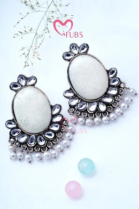 Luxurious Gold Earrings-Silver Oxidized Oval Pearl Drop Earrings