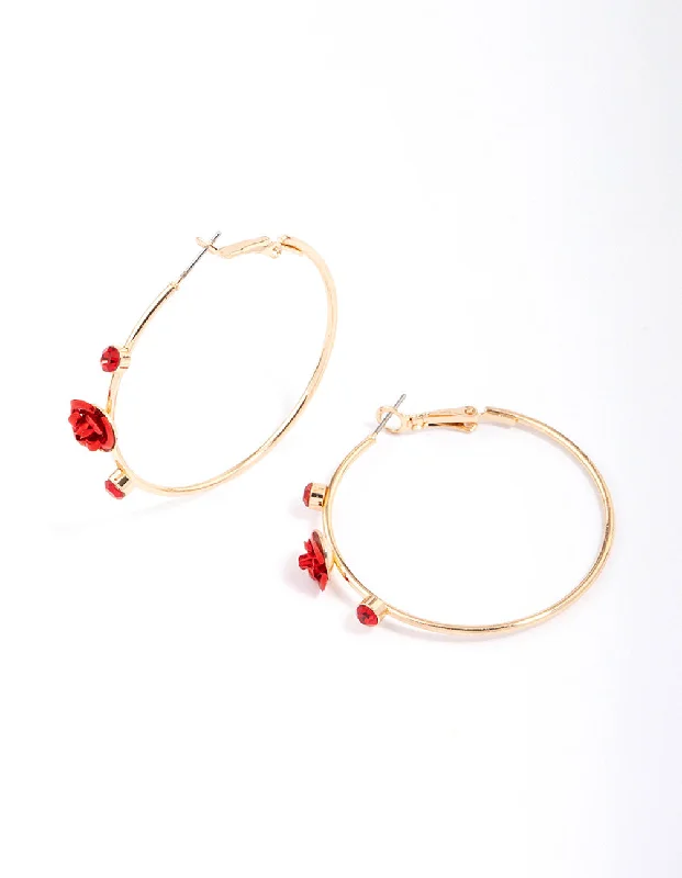 Classic Gold Earrings-Gold Pearlised Red Rose Hoop Earrings