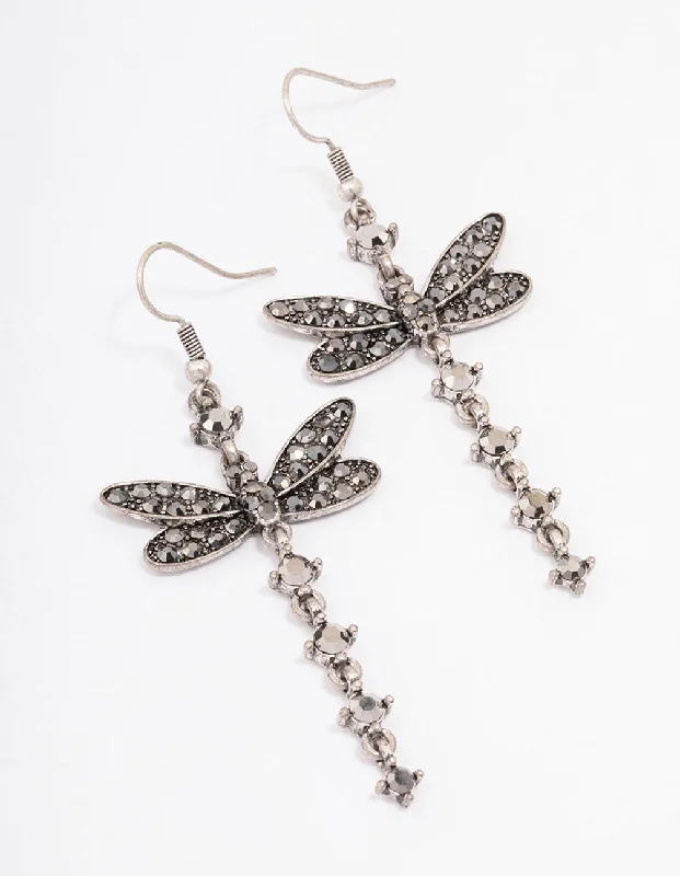 Multi-Colored Drop Earrings-Antique Silver Dragonfly Drop Earrings