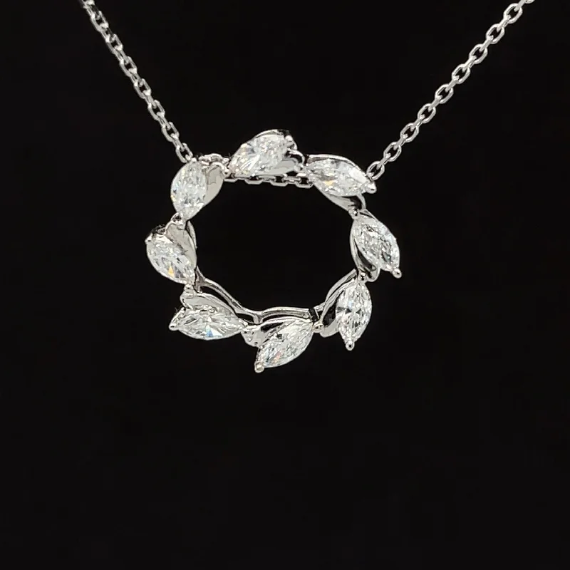 Dainty Pendant Necklace-Diamond Marquise Floating Wreath Halo Necklace in 18k White Gold - (#340-181 - PDDIA348309)