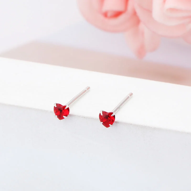 3mm Red Heart-Shaped Stud Earrings