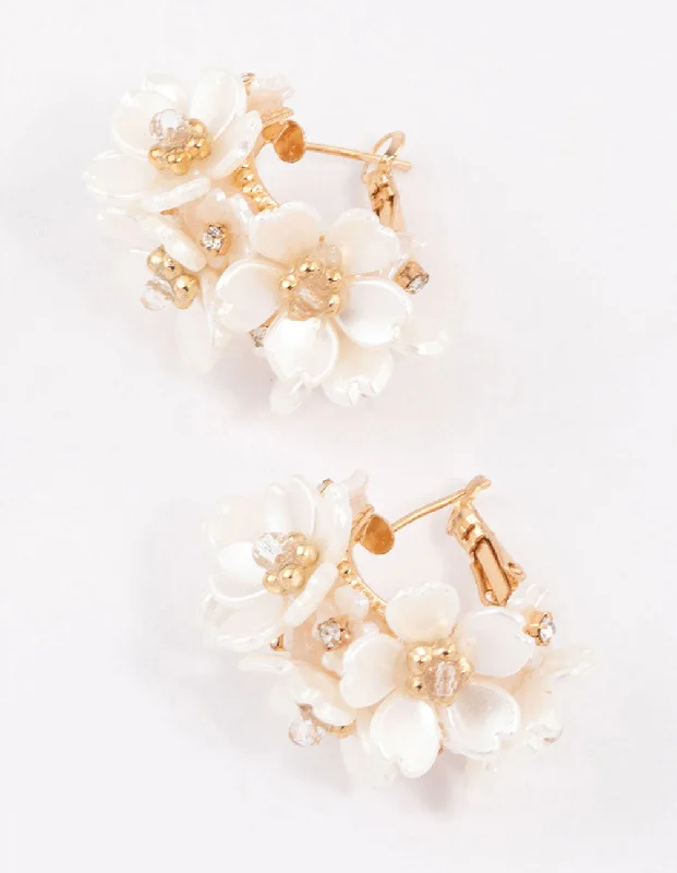 Statement Earrings for Weddings-Gold Plated Flower Cluster Hoop Earrings