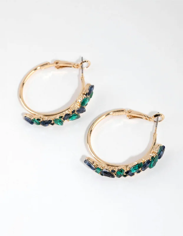 Fashion Drop Earrings-Blue & Green Cluster Diamante Hoop Earrings