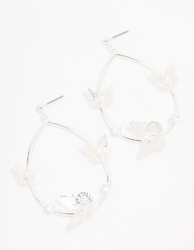 Trendy Drop Earrings-Silver Butterfly Oval Drop Earrings