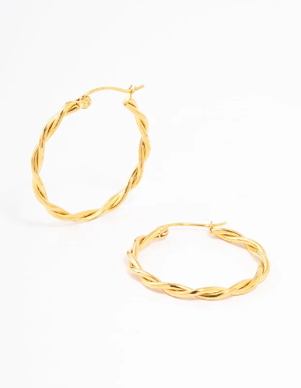 Antique Silver Earrings-Waterproof Gold Plated Stainless Steel Medium Thin Twisted Hoop Earrings