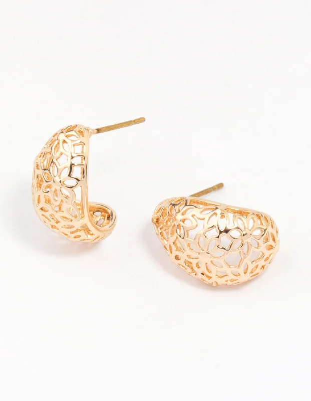 Round Hoop Earrings-Gold Intricate Cut-Out Teardrop Hoop Earrings