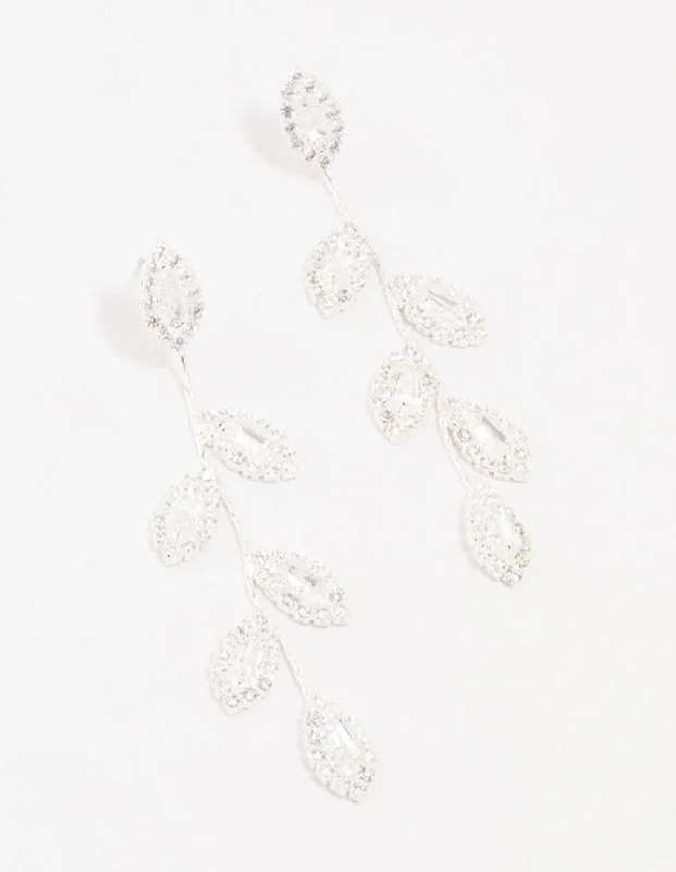 Elegant Stud Earrings-Silver Cubic Zirconia Leaf Drop Earrings