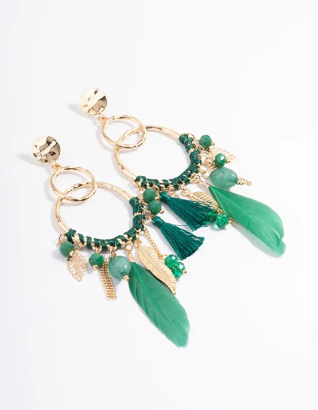 Diamond Drop Earrings-Gold Thread Bead Green Feather Earrings