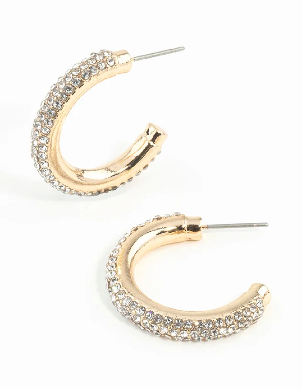 Fun Statement Earrings-Gold Diamante Tube Hoop Earrings