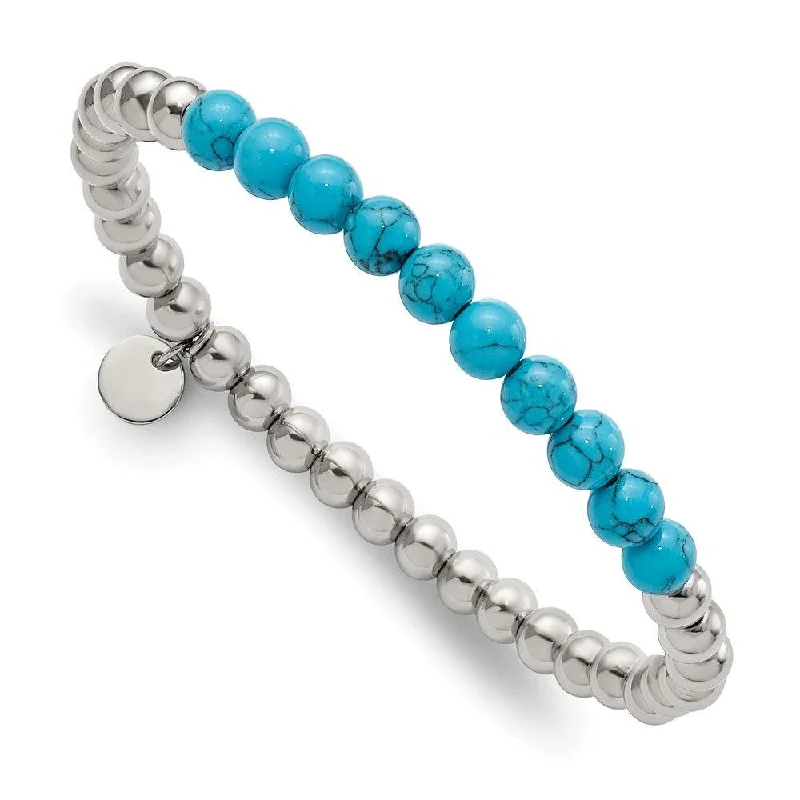 Crystal Bangle Bracelet-Stainless Steel Polished Synthetic Turquoise Beaded Stretch Bracelet