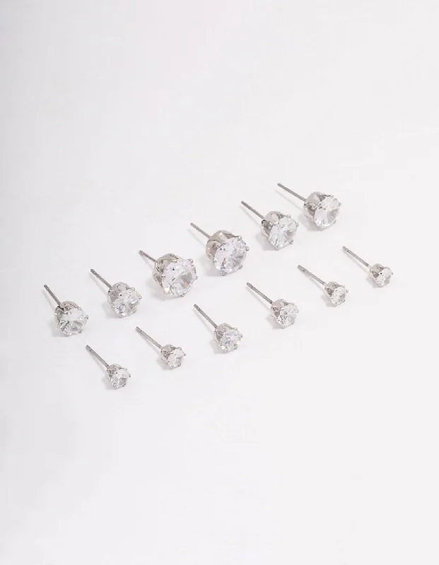 Stylish Drop Earrings-Silver Classic Round Cubic Zirconia Earring 6-Pack