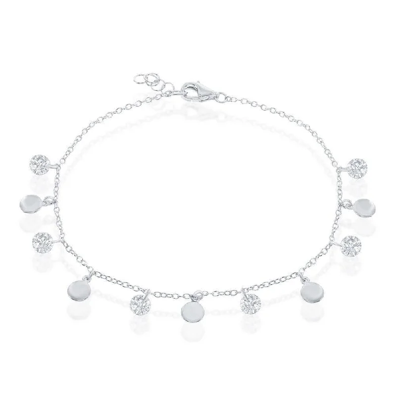 Elegant Pearl Bracelet-Sterling Silver Alternating Disc and CZ Bracelet